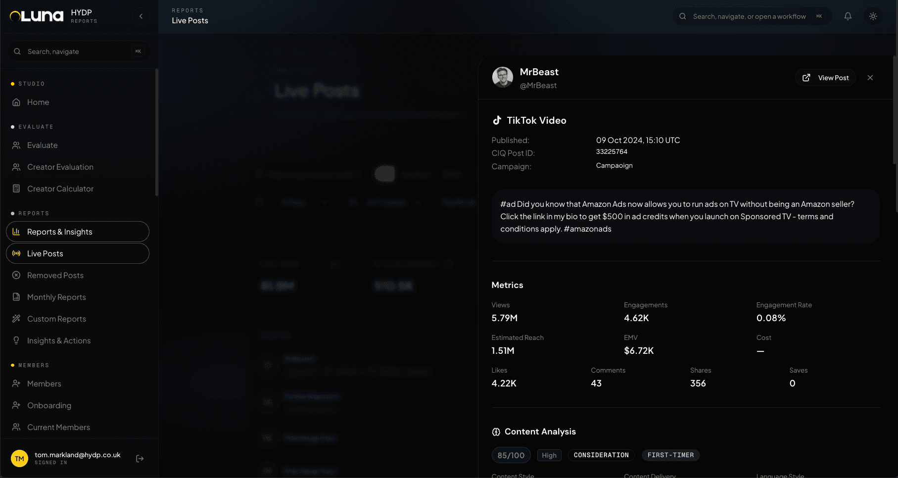 Luna AI - content analysis panel